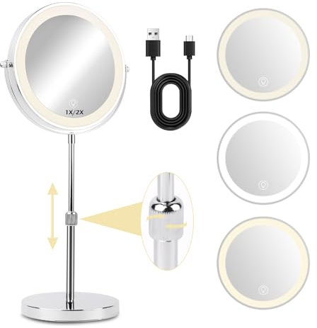 NVIYAM Miroir de Maquillage Grossissant, 1X et 10X Double Face Mirroir Maquilleur Lumineux, Hauteur Réglable Miroir de Table, Rotation à 360° Miroir Cosmétique pour Chambre et Salle de Bain