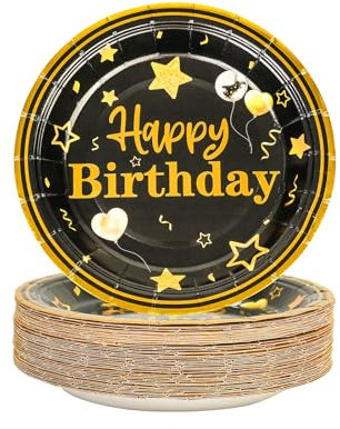 AHPYEUHK 50 PCS Assiette Jetable Anniversaire 17,8cm Assiettes en Carton Papier Party Dessert Vaisselle Jetable pour 2025 nouvelle année (anniversaire noir)