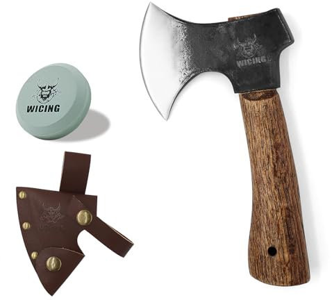 WICING Hacha de mano pequeña de 20,32 cm, acero manganeso 1065 y mango de madera de haya con funda de cuero