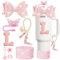 XIANGYUAN Juego de 8 accesorios de taza Stanley para vaso Stanley de 30 onzas y 40 onzas con asa, incluye tapa de popote y bota, tapón a prueba de derrames, dije de asa, calcomanía de iniciales (rosa