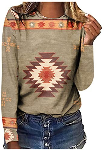 Weihnachtspullover Damen Sweater for Female Cool Aztekisch Sweater Geburtstag Longsleeve Baumwoll Oversiz Oberteil Für Damen Neuheit Weites Crewneck Khaki Tops