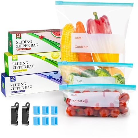 AdrreyuFny 60 PCS Reusable Food Storage Bags, 3 Sizes, 6 Sliding Buckles, 2 Clips, BPA Free, Polyethylene (PE), Clear, Zipper Closure, Expandable Bottom, Ideal for Fruits, Vegetables, Meat