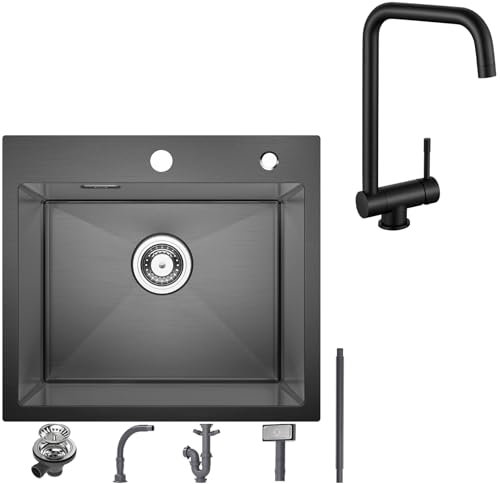 CECIPA 50x45CM Küchenspüle Edelstahl Schwarz mit Küchenarmatur Klappbar Schwarz