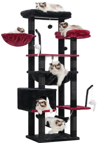 Gitelsnour Gothic Cat Tree, Cat Tower for Large Cats with 2 Big Platforms, 2 Baskets, condo and Toys, 63 Cat Scratching Posts for Indoor Cats, Black and red GCT020BR