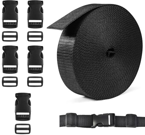 Gurtband mit Schnalle, 5 m x 25 mm Nylongurtband mit 5 Paare Schnallen Schweres Gurtbänder Nylon Gurt für DIY Handwerk Rucksack Umreifung Tasche Gurtband Gepäck Befestigung