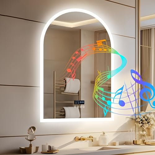 LUVODI Bathroom Mirror with LED Lights: 600x900mm Arch Wall Illuminated Mirror with Bluetooth Speakers Dimmable 3 Colours Backlit, Anti-fog, Memory Function, Smart Time Temperature Display