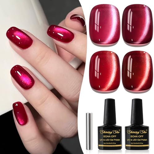 Shining She Gel Nail Polish Cat Eye, 4 Colours Rose Red Burgundy Crystal Magnetic Gel Polish with Magnet Soak-Off UV/LED Glitter Gel Polish for Nail Art Salon DIY Home, 8 ML