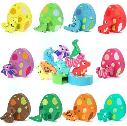 XIAPIA Montessori Spielzeug ab 1 2 3Jahr, Baby Holzeier Dino Motorikspielzeug für 6-12 Monate Junge Mädchen, Steckspiel Sortierspiel Holzpuzzle Lernspielzeug Sinnvolle Ostern Geburtstag Geschenk