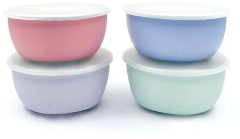 Elk and Friends Kids Stainless Steel Bowls with Silicone Sleeves + Lids | Suitable for Babies/Toddlers | Dishwasher Safe | Non Slip Dinnerware | Snack Dishes | 4 Pack