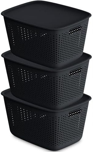 EDANTI 3x Aufbewahrungsbox mit Deckel 3er-Set 17L Organizer Kunststoff Behälter Durchbrochener Container Stylisch Modische Kleiderboxen Stapelbar Box Plastik (Anthrazit)