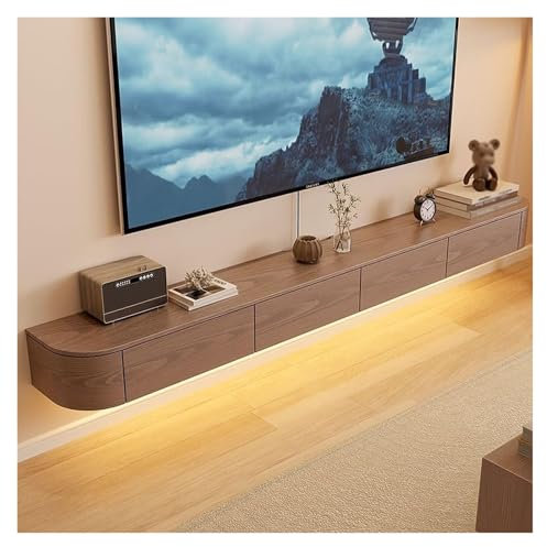 Floating TV Stand with LED Lights, Wall-Mounted Media Console, Solid Wood with Drawers & Shelves, Modern Entertainment Unit for Living Room, Large Storage TV Cabinet(Walnut+LED,180cm)
