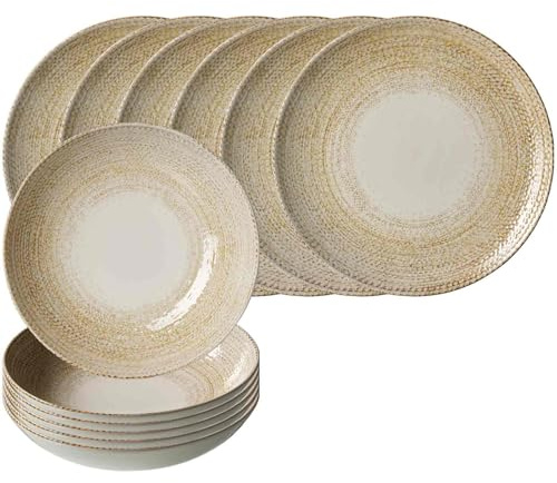 Ritzenhoff & Breker Rimini Tafelservice für 6 Personen, 12-teiliges Speise- und Suppenteller-Set mit leichtem Relief, Geschirr-Set mit mediterranem Flair, Spülmaschinenfest, Steinzeug, Sand