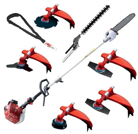 Synergy Desbrozadora Multifunción 7 en 1 65cc 4,9CV – Motor 2T, Motosierra, Cortasetos, Discos, Arnés Profesional, Kit de Protección y 20mt de Hilo Incluidos