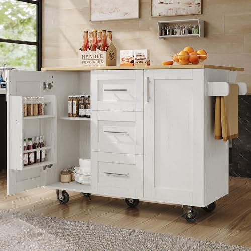 SogesHome Isla de cocina móvil, carrito de cocina grande con encimera plegable, ruedas, cajones y toallero, color blanco