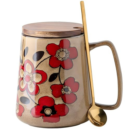 DRNKNSTX Tasse à café en céramique avec couvercle en bois et cuillère dorée, motif floral rouge, 700 ml (costume kaki)