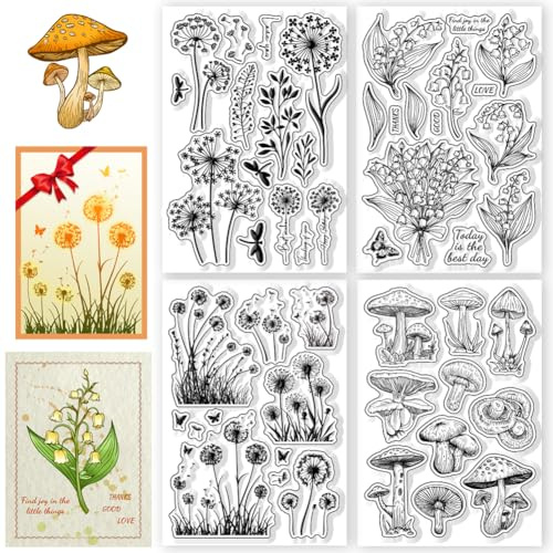 CHGCRAFT 4 Blatt 4 Stil Pflanzen und Blumen Klare Stempel Löwenzahn und Pilze Silikon Stempel Siegel für DIY Scrapbooking und Kartenherstellung Papier Handwerk Dekor 16×11 cm
