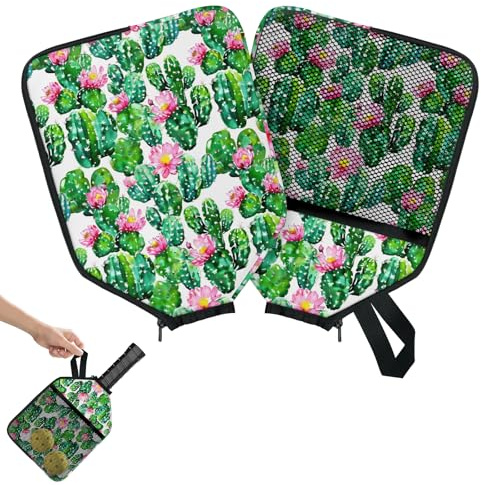 Mintoprints Sets de table motif cactus, housse de raquette de pickleball, housse de raquette avec poche et sangle de poignée, étui à pagaie de cactus aquarelle compatible avec la plupart des raquettes