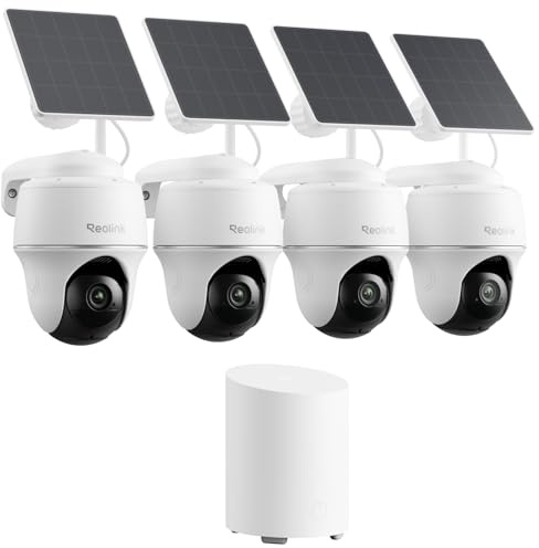Reolink 2K Überwachungskamera Aussen Akku Solar Set mit 2,4/5 GHz WLAN | 360° Schwenkbar, KI-Erkennung, Zentralverwaltung & Lokalspeicher, Ohne ABO, Argus PT Lite 4-Kamera-Set mit Home Hub Mini
