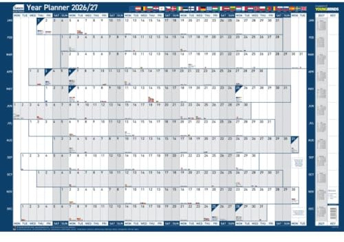 Sasco 2026 EU Wall Planner – Board Mounted Year 2026 Calendar with Wet Wipe Pen & Stickers, 91.5x61cm, Blue – UK & European Holidays Marked – Useful for International Business Offices