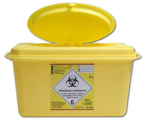 Henry Schein - Kanülenabwurfbehälter (4 Liter) für Spritzen, Nadeln & Skalpelle, stabile Sicherheitsbox mit Abdrehvorrichtung, rechteckig, gelb