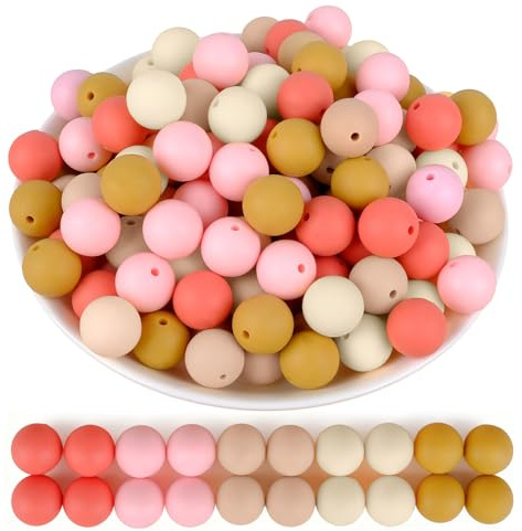 Artecreativa 100 Stück 15 mm Silikonperlen zur Schlüsselanhängerherstellung,Große Runde Silikonperlen,Rosa und Gelb Silikonperlen, für DIY Armbänder Stifte Schlüsselbund Handwerk Herstellung
