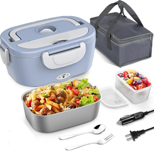 JIAKANUO Electric Lunch Box Food Heater Portable Lunch Microwave Bento Box with SS Container 1.5 L Leak Proof, 220V/12V/24V Car/Office/Trunk 3 in 1 with Fork&Spoon＆Insulated Lunch Bag (Sky Blue)
