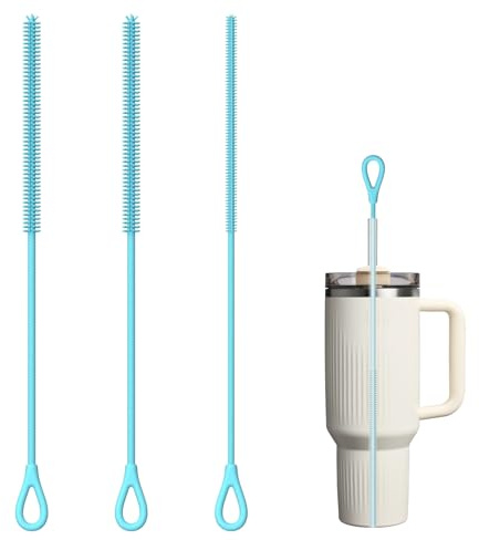 3PCS Silicone Straw Cleaner Brush, Reusable Straw Brushes, 6mm and 9mm, Food-Grade, Non-slip Handle, Flexible Straw Brush Cleaner and Bottle Brushes, Soft and Bendable, Blue