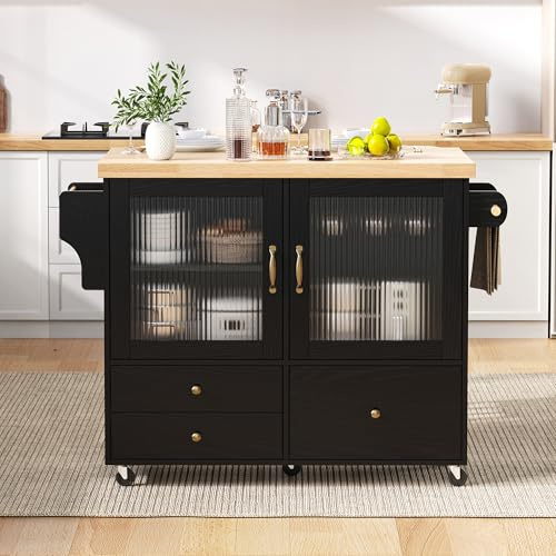 Muskel Isla de cocina móvil con mesa de comedor extensible, carrito de cocina con ruedas con soporte para copas de vino, encimera y espacio de almacenamiento, independiente para cocina, comedor y sala