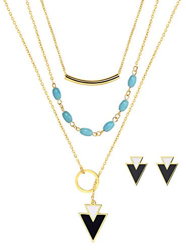 FOCALOOK Damen Schmuck-Set Multilayer Collier Türkis Perlen Kette Kreis Doppel-Dreiecke Anhänger Halskette Ohrstecker Set - 18k vergoldet