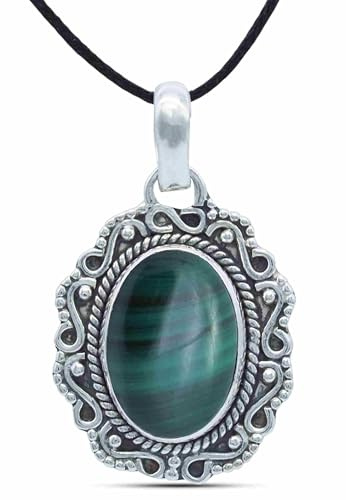mantraroma Kettenanhänger 925 Silber Malachit grüner gestreifter Stein Edelstein Kettenanhänger Damen Sterling Silber Halskette Anhänger Geschenk (MAH-106-10)