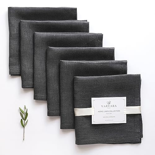 Varvara Home 6 Leinenservietten Schwarz | Stoffservietten Leinen | Serviette aus Leinen Anthrazit | Stoffserviette mit Hohlsaum (45x45 cm)