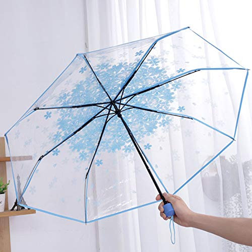 Xushiwanju regenschirm sturmfest Drei Falten Regenschirm Frauen Transparent Klar Kirschblüte Pilz Apollo Sakura Folding Sonnenschirm Regenschirm Regen Frauen Sonnenschirm Anti-UV(Blau)