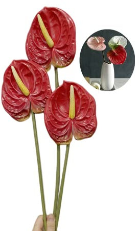 Rikyo Künstliche Anthurien-Lilien, permanente Blume, 66 cm, 3 Stück Tropische Imitationspflanzen, Blumensträuße für Tischdekoration und Braut, Hochzeit, Festival, Dekoration, Blume (rot)