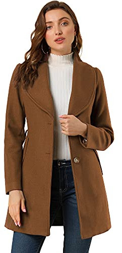 Allegra K Wintermantel für Damen, Schalkragen, Gürtel, einreihiger Mantel, Braun, XS