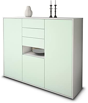 Stil.Zeit Highboard Kommode Paulina, Korpus Weiss matt, Front Farb-Design Eisblau (136x108x35cm), Push-to-Open Technik & Leichtlaufschienen