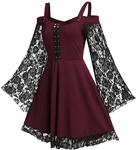 FEOYA Women's Lace Gothic Long Sleeve Steampunk Plus Size Retro Victorian Medieval Dress - Casual Strappy Cold Shoulder Midi - Elegant Vintage Cosplay Halloween - Wine Red 3XL