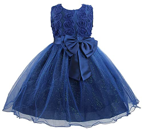 Discoball Robe de princesse pour fille - Robe de fête - Rose 3D - Nœud à paillettes - En tulle - Pour anniversaire, voyage et occasions spéciales, bleu marine, 2-3 ans