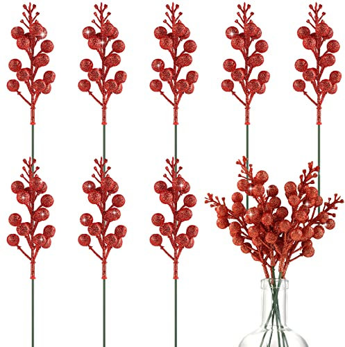 Abeillo 10 Stück Künstliche Rote Beeren Dekoration, 20,3 cm Zweige Künstliche, Künstliches Holly Beeren für Weihnachtsbaum Dekoration DIY Handwerk Hochzeit Ferienzeit Winter Dekorations (Rot)