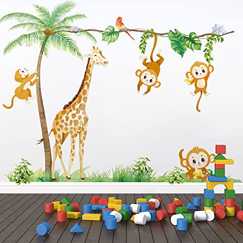 Runtoo Wandtattoo Waldtiere Palme Wandsticker Giraffe Affe Tiere Dschungel Wandaufkleber Kinderzimmer Babyzimmer