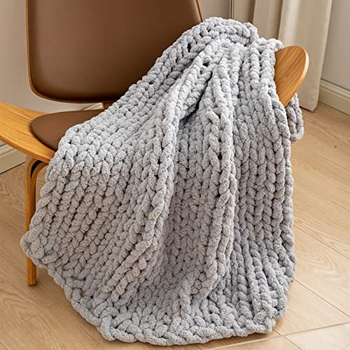 WESHIONGOO Grobstrickdecke, Überwurf, 101,6 x 101,6 cm, gestrickt, für Couch, Bett, flauschig, weiche Decke mit Jumbo-Chenille-Garn, dick, 100% handgefertigt, Hellgrau