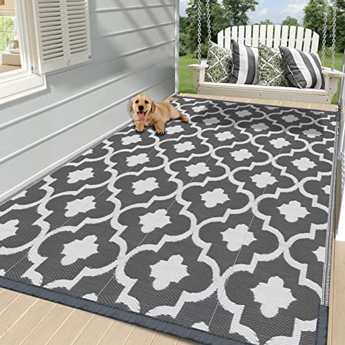 Reyox Outdoor Teppich Wetterfester Teppich Flachgewebe Picknickdecken Geometrische Reversibel Terrassenteppich Bodenmatte Teppich Marokkanisches Gitter Grau Weiß 180x270cm