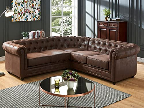 Vente-unique - Canapé d'angle Chesterfield en Microfibre Aspect Cuir Vieilli