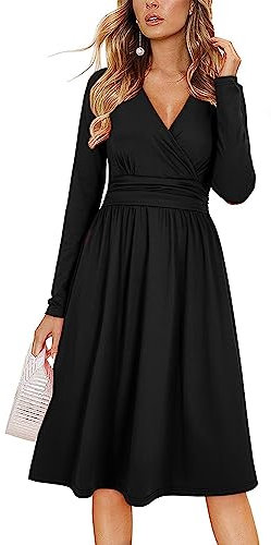 OUGES Women's Fall Long Sleeve V Neck Floral Short Party Dress with Pockets Winter Dress 2023(Black,L)