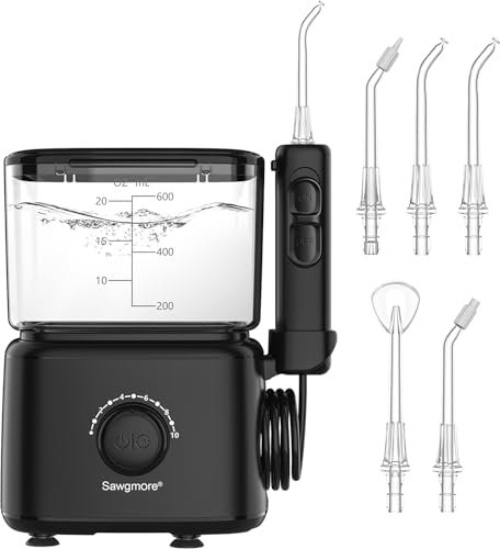 Sawgmore Munddusche, Elektrische Zahnzwischenraumreiniger mit 10 Einstellbaren Druckstufen, 600ml Fassungsvermögen, Oral Irrigator mit 5 multifunktionalen Düsenspitzen für Zuhause (Schwarz)