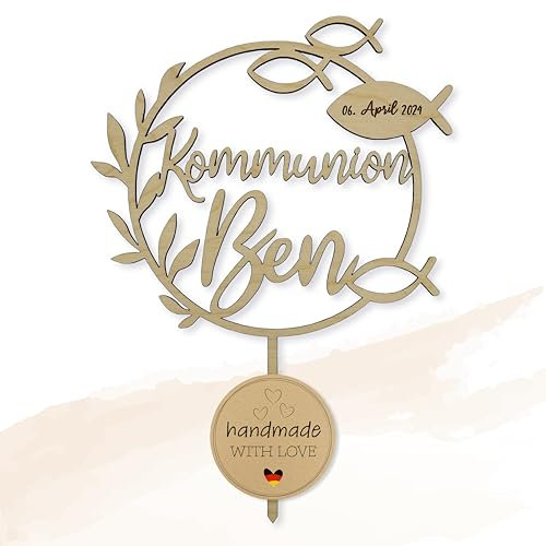 Birdart Box® Kommunion, Konfirmation, Firmung Tortenstecker mit Namen – personalisierter Tortenstecker aus umweltfreundlichem Holz, stabiler Cake Topper 15cm Durchmesser (Kommunion Fisch, Gold)