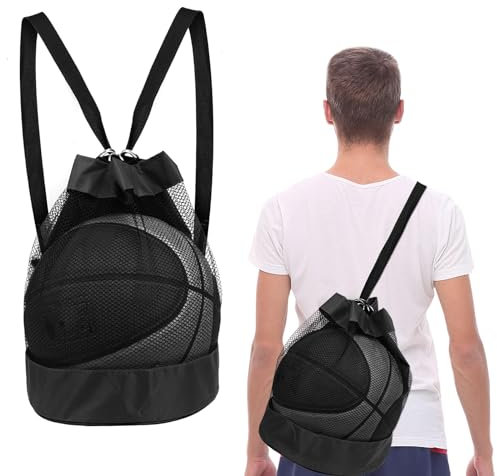 Molain Sacchi da pallone, rete da calcio, borsa a rete, borsa da spiaggia, zaino portatile, per calcio, basket, tennis, pallavolo, rugby (nero)