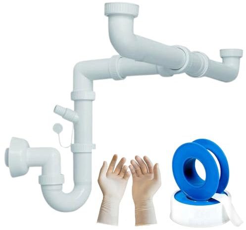 Parpyon® Sifone Lavabo Bagno o Lavello Cucina Tubo scarico lavandino Antiodore, Flessibile Rubinetto miscelatore Prolunga tubo filettato + nastro e guarnizione (Sifone Cucina 2V-SMALL)