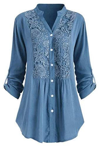 Women's Blouses & Shirts UK Plus Size 22,3/4 Sleeve Lace Tops Ladies Button Down V Neck Henley Shirts Elegant Summer Loose Tee Shirt Floaty Blouse Dressy Longline Tunic Tops for Leggings