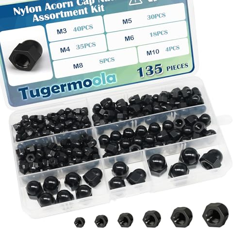 Tugermoola 135PCS Metric Nylon Acorn Cap Nuts Assortment Kit M3 M4 M5 M6 M8 M10 Female Thread Dome Hex Nut Caps Covers Set OLA003