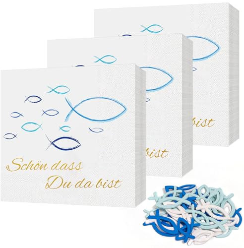 60 Stück Blaue Fisch Servietten und 45 Stück Holz Fische Deko, Schön, dass du da bist!', Fisch Tischdeko für Taufe, Kommunion, Konfirmation oder Andere festliche Anlässe, 33 x 33cm
